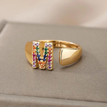 New Rainbow Zircon Letter Rings For Girls, Women - Fashion Chunky Wide Letter A-Z Stainless Steel Rings, Boho Jewellery - The Jewellery Supermarket